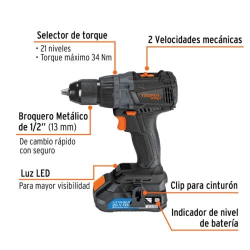 Taladro 1/2", 20V, 2 baterías 2Ah, MAX