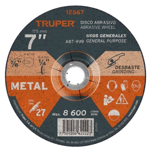 12567 - Disco Tipo 27 de 7" x 6.4 mm para desbaste de metal, Truper