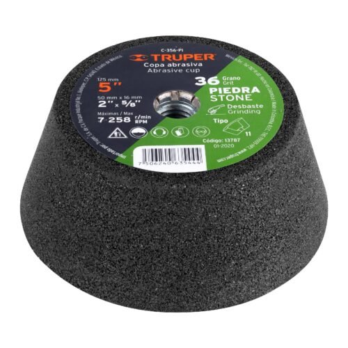 13787 - Copa desbaste de piedra 5" grano 36, eje 5/8-11, Truper
