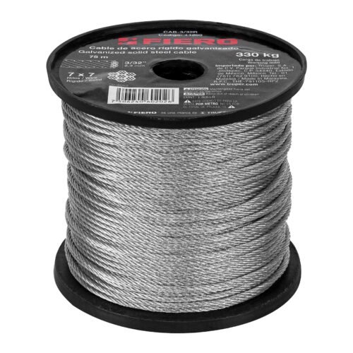 44209 - Metro de cable rígido 3/32" de acero 7x7 hilos, 75 m, FIERO