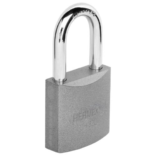 43793 - Candado de hierro 32 mm gancho largo en caja, HERMEX