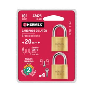 43425 - Blíster con 2 candados de latón de 20mm con gancho corto