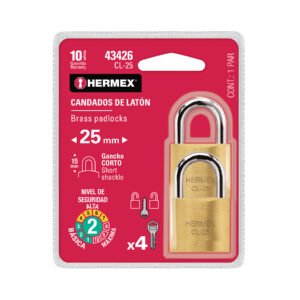 43426 - Blíster con 2 candados de latón de 25mm con gancho corto