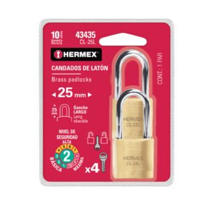 43435 - Blíster con 2 candados de latón de 25mm con gancho largo