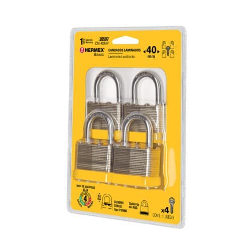 CM-40X4P.jpg 20507 - Juego de 4 candados cuerpo laminado, 40 mm, HERMEX BASIC