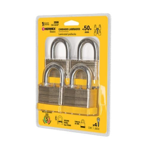 CM-50X4P.jpg 20508 - Juego de 4 candados cuerpo laminado, 50 mm, HERMEX BASIC