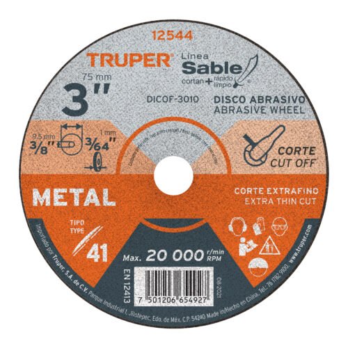 12544 - Disco Tipo 41 de 3" x 1 mm corte fino de metal, Sable