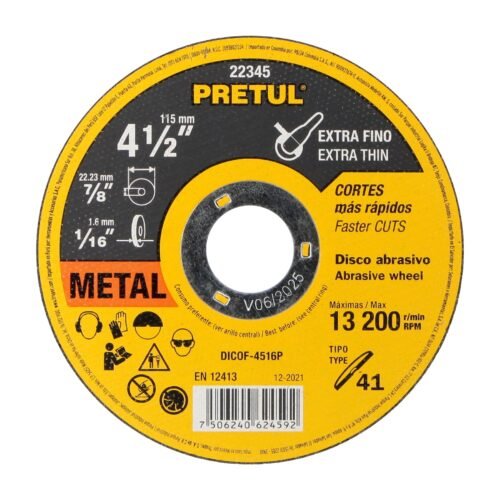 22345 - Disco Tipo 41 de 4-1/2" x 1.6 mm corte fino de metal, Pretul