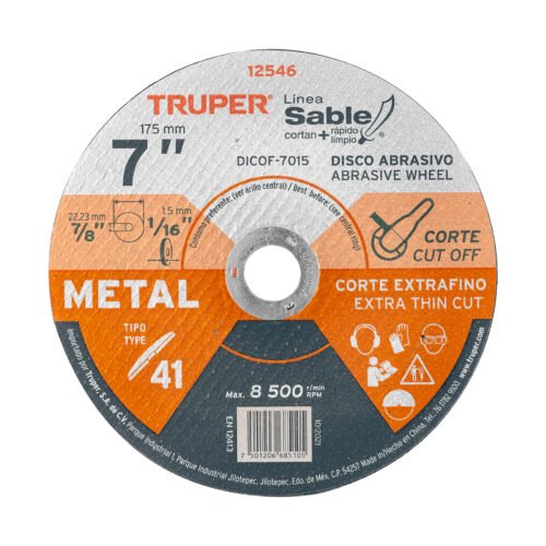 12546 - Disco Tipo 41 de 7" x 1.5 mm corte fino de metal, Sable