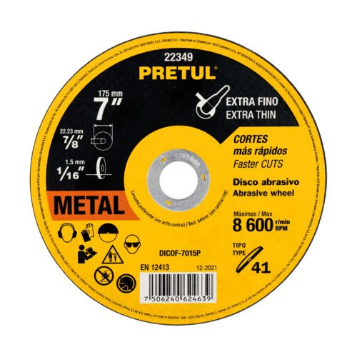 22349 - Disco Tipo 41 de 7" x 1.5 mm corte fino de metal, Pretul