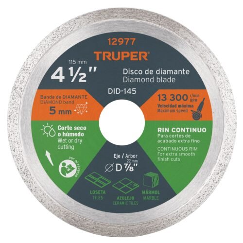 12977 - Disco de diamante de 4-1/2" x 1.6 mm, rin continuo, TRUPER