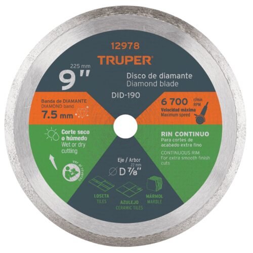 12978 - Disco de diamante de 9" x 2.2 mm, rin continuo, TRUPER