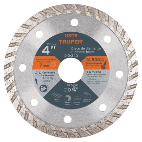 12979 - Disco de diamante de 4" x 2.2 mm, rin turbo, TRUPER