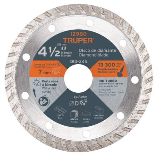 12980 - Disco de diamante de 4-1/2" x 2.2 mm, rin turbo, TRUPER