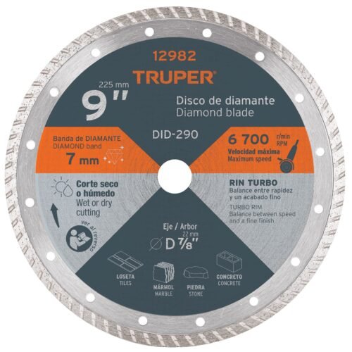 12982 - Disco de diamante de 9" x 3 mm, rin turbo, TRUPER