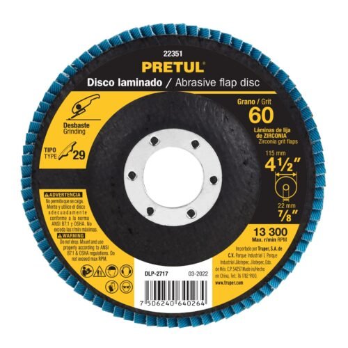22351 - Disco laminado 4-1/2", grano 60 centro 7/8", fibra, PRETUL