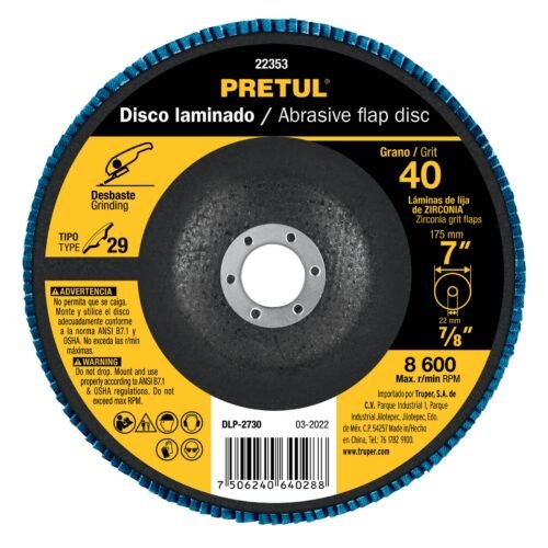 22353 - Disco laminado 7", grano 40 centro 7/8", fibra, PRETUL