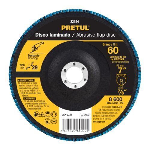 22354 - Disco laminado 7", grano 60 centro 7/8", fibra, PRETUL