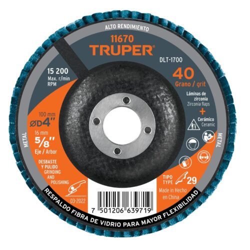 11670 - Disco laminado 4", grano 40 centro 5/8", fibra, TRUPER