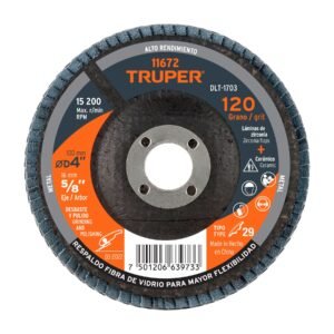 11672 - Disco laminado 4", grano 120 centro 5/8", fibra, TRUPER