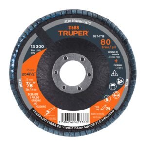 11688 - Disco laminado 4-1/2", grano 80 centro 7/8", fibra, TRUPER
