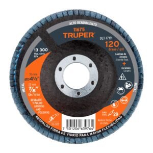 11675 - Disco laminado 4-1/2", grano 120 centro 7/8", fibra, TRUPER