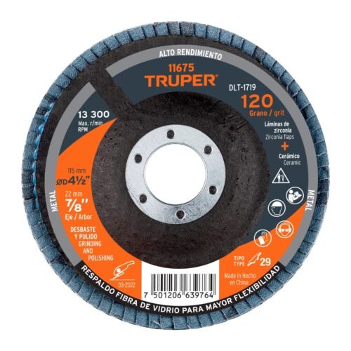 11675 - Disco laminado 4-1/2", grano 120 centro 7/8", fibra, TRUPER
