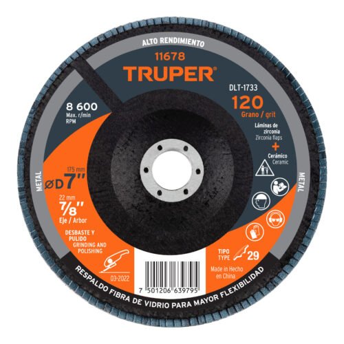 DLT-1733.jpg 11678 - Disco laminado 7", grano 120 centro 7/8", fibra, TRUPER