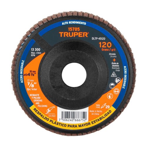 DLTP-45120.jpg 15705 - Disco laminado 4-1/2" grano 120 centro 7/8", plástico,TRUPER