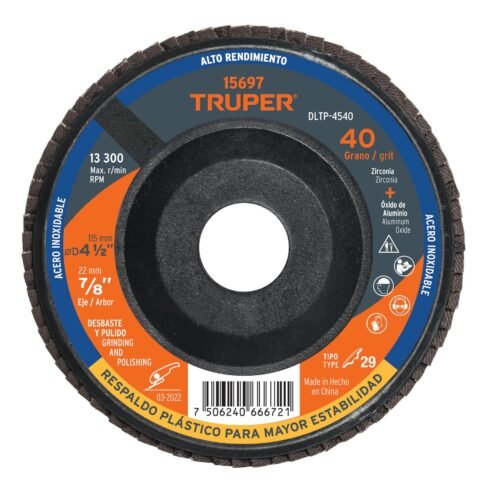 DLTP-4540.jpg 15697 - Disco laminado 4-1/2" grano 40 centro 7/8", plástico, TRUPER