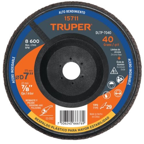 DLTP-7040.jpg 15711 - Disco laminado 7" grano 40 centro 7/8", plástico, TRUPER