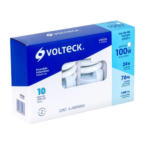 46826 - Pack 4 lámparas espiral T4 24 W luz de día, caja, Volteck