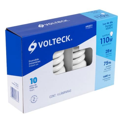46851 - Pack 4 lámparas espiral T4 28 W luz de día, caja, Volteck