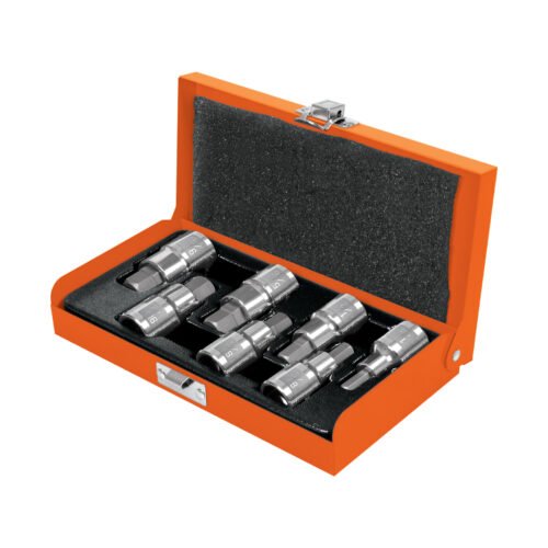 13929 - Juego de 7 dados cuadro 1/2" punta hex std, estuche metálico