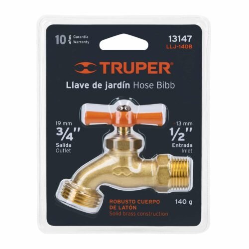 LLJ-140B.jpg 13147 - Llave p/manguera, de latón 140g, 1/2", blíster, TRUPER