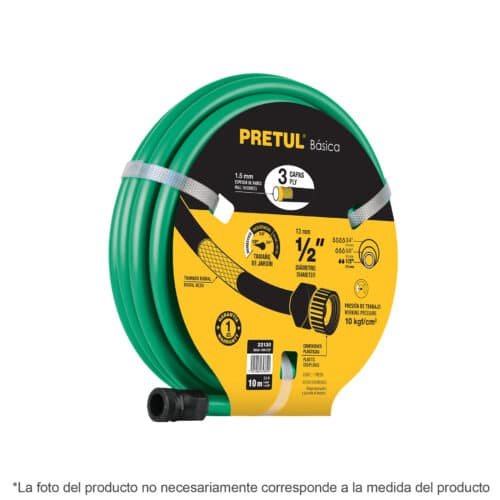 22132 - Manguera verde 1/2" 3 capas 15m conexiones plásticas, PRETUL