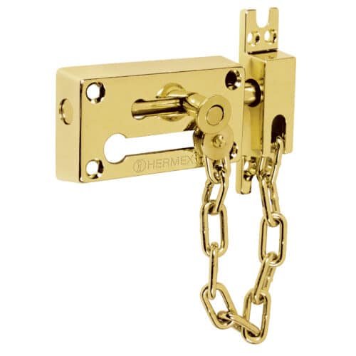 43707 - Pasador con cadena para puerta, acabado latón, HERMEX