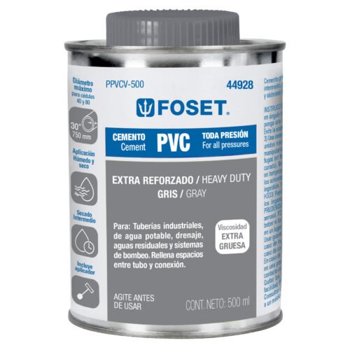 PPVCV-500.jpg 44928 - Cemento p/PVC, gris, máxima viscosidad, lata 500ml, FOSET