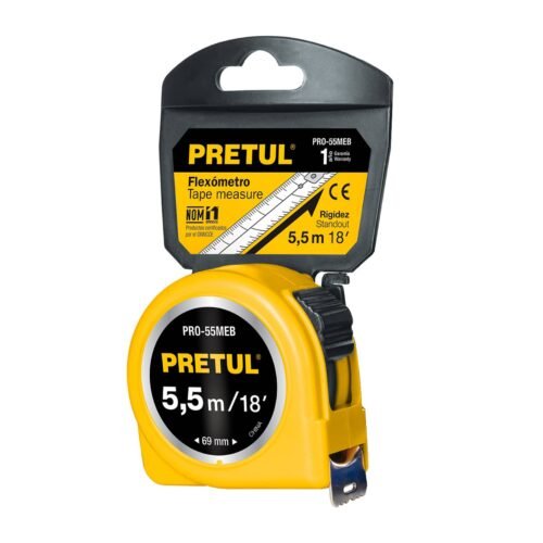 28022 - Flexómetro amarillo 5.5 m cinta 25 mm, en tarjeta, PRETUL