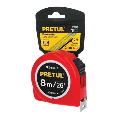 29999 - Flexómetro rojo 8 m cinta 25 mm, en tarjeta, PRETUL
