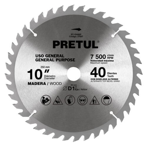 27057 - Disco sierra 10" para madera, 40 dientes centro 1", Pretul