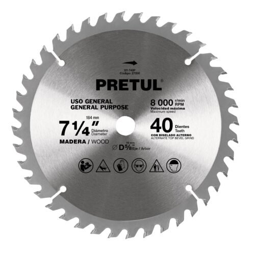 27056 - Disco sierra 7-1/4" p/madera, 40 dientes centro 5/8", Pretul