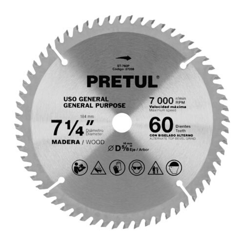 27059 - Disco sierra 7-1/4" p/madera, 60 dientes centro 5/8", Pretul