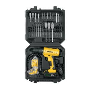 27120 - Kit taladro 3/8", 12V, 33 accesorios, en estuche, PRETUL
