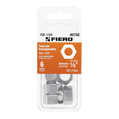 40758 - Blíster con 6 tuercas 1/2" hex de acero galvanizado, FIERO