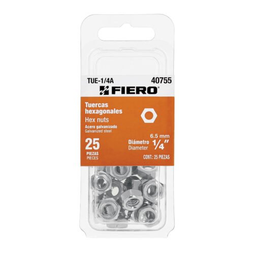 40755 - Blíster con 25 tuercas 1/4" hex de acero galvanizado, FIERO