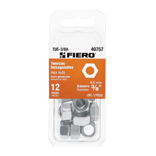 TUE-3-8A.jpg 40757 - Blíster con 12 tuercas 3/8" hex de acero galvanizado, FIERO