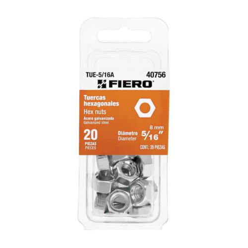 TUE-5-16A.jpg 40756 - Blíster con 20 tuercas 5/16" hex de acero galvanizado, FIERO