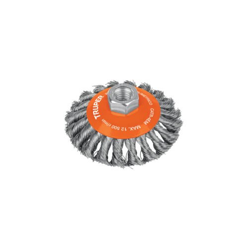 14188 - Carda tipo cónico 4" alambre trenzado, multi-rosca, TRUPER