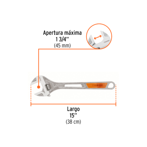 100048 - Llave ajustable (perico) 15" cromada mango de PVC, Truper